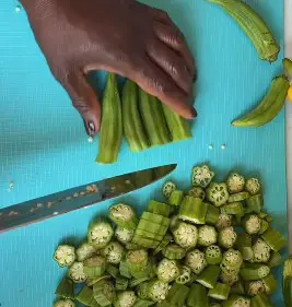 Slicing okra for cat